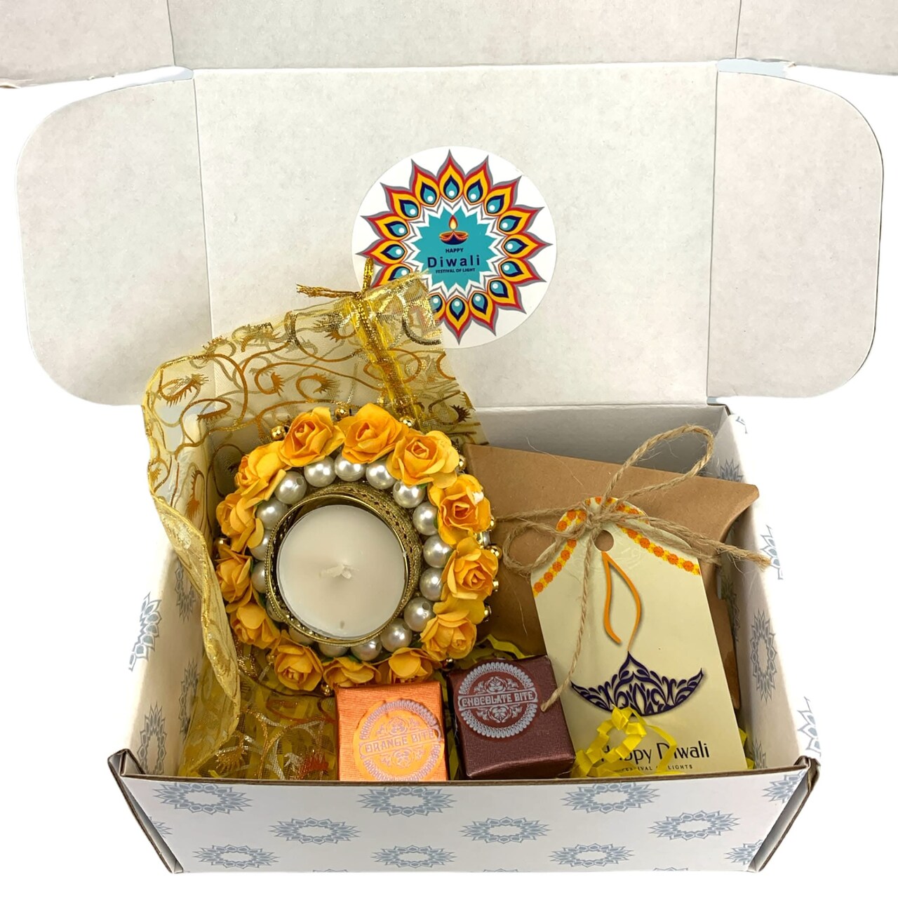 Personalize Diwali Gift Boxes Candle Holder with Mewa Bites Hamper Sweets Dry Fruits for Employees Home Office India Festival Gift Hamper for Friends Family & Relatives - Corporate Gift